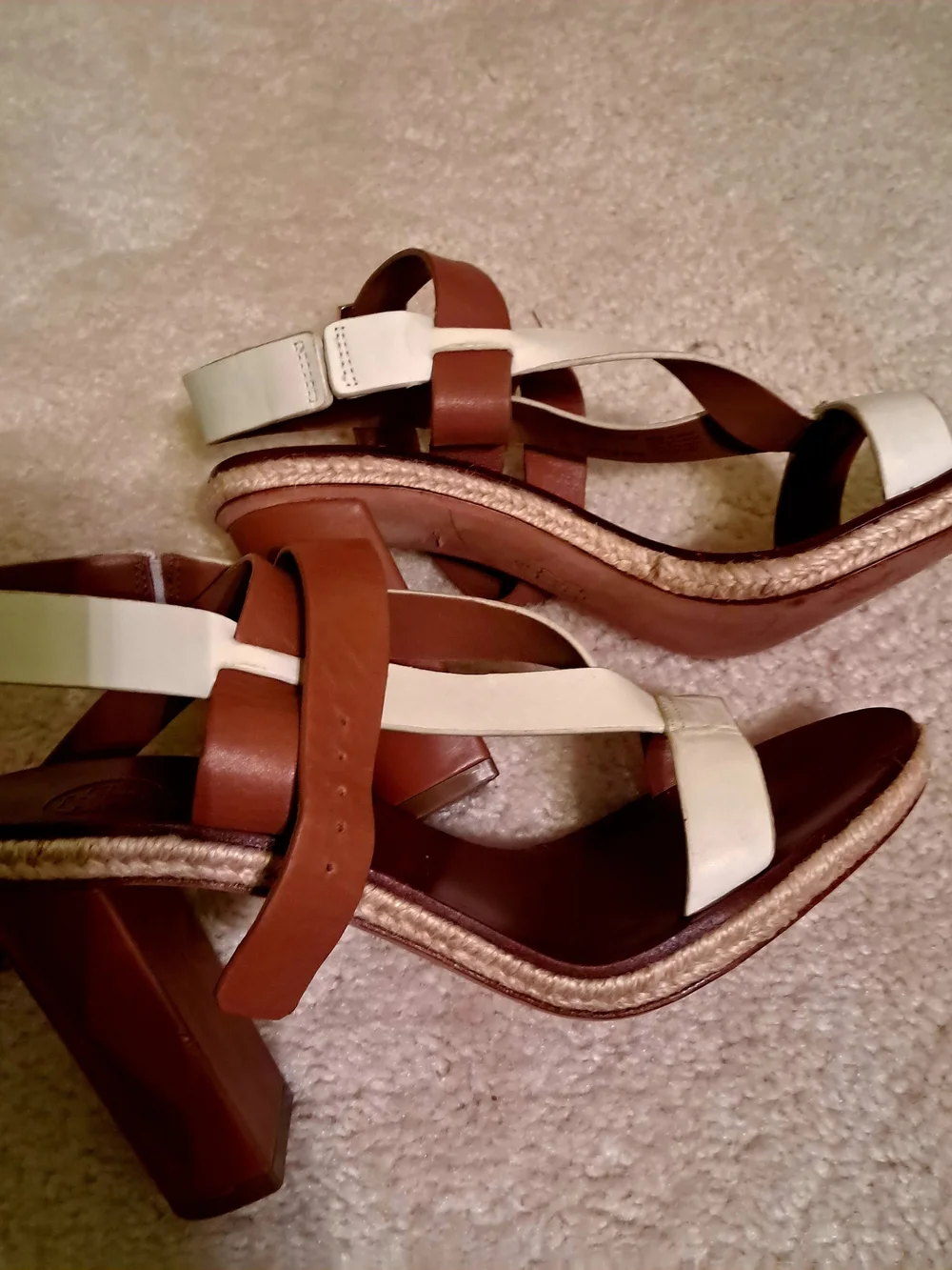 Tory Burch Two-Tone White and Brown Strappy Block Heel Sandal